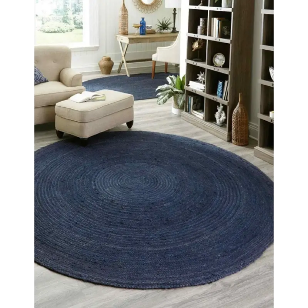 tapis rond jute luxueux bleu